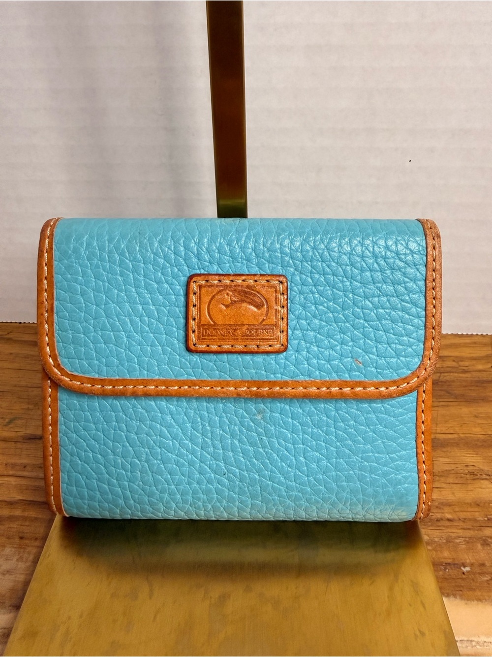 Vintage Dooney & Bourke AWL Aqua Blue Trifold Wallet British Tan Leather EUC
